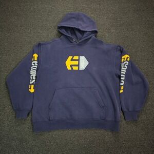 Etnies Hoodie Mens XL Navy Pullover Skate Y2K Spell Out Logo Sweatshirt